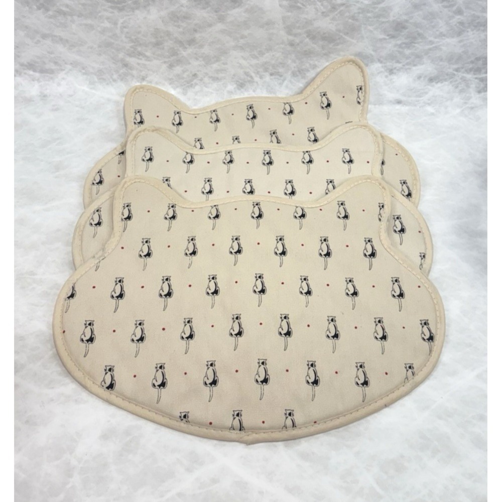 Lot of 3 Quilted Cat Face Shape Placemats Beige Cotton Kitty Silhouette‎